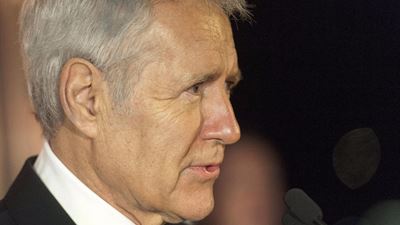 Alex Trebek delivers remarks at the USO 75th anniversary reception in Washington, DC Feb 4 2016.