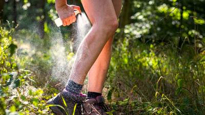 Hiker spraying legs with bug spray