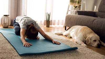 woman doing exercise with dog