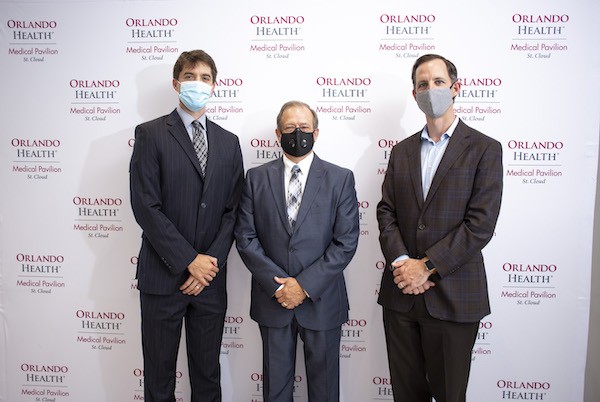 Brent Burish, president of Orlando Health St. Cloud Hospital; Mayor Nathan Blackwell, City of St. Cloud; and Thibaut van Marcke, senior vice president, Orlando Health Southeast Region, and president of Orlando Health Dr. P. Phillips Hospital.