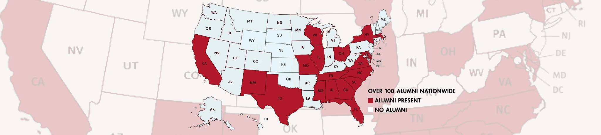 Over 350 Alumni Nationwide - Red = Alumni Present, White = No Alumni